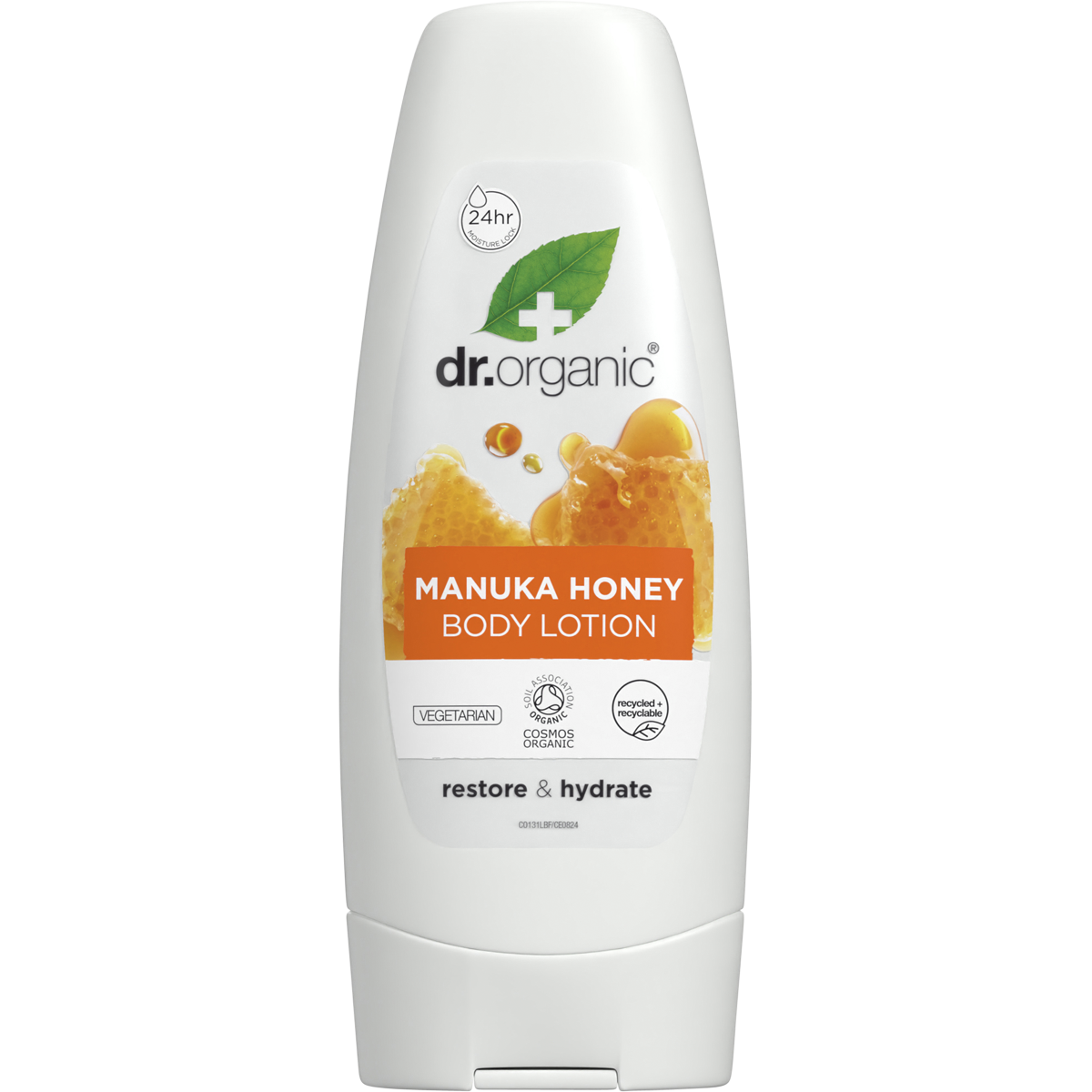 200ml tube of Dr Organic Manuka Honey Body Lotion with a white cap and honey-themed label on a white background.