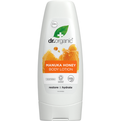 200ml tube of Dr Organic Manuka Honey Body Lotion with a white cap and honey-themed label on a white background.