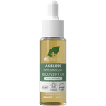 30ml glass bottle of Dr Organic Ageless Overnight Recovery Oil with Seaweed and a dropper pipette.