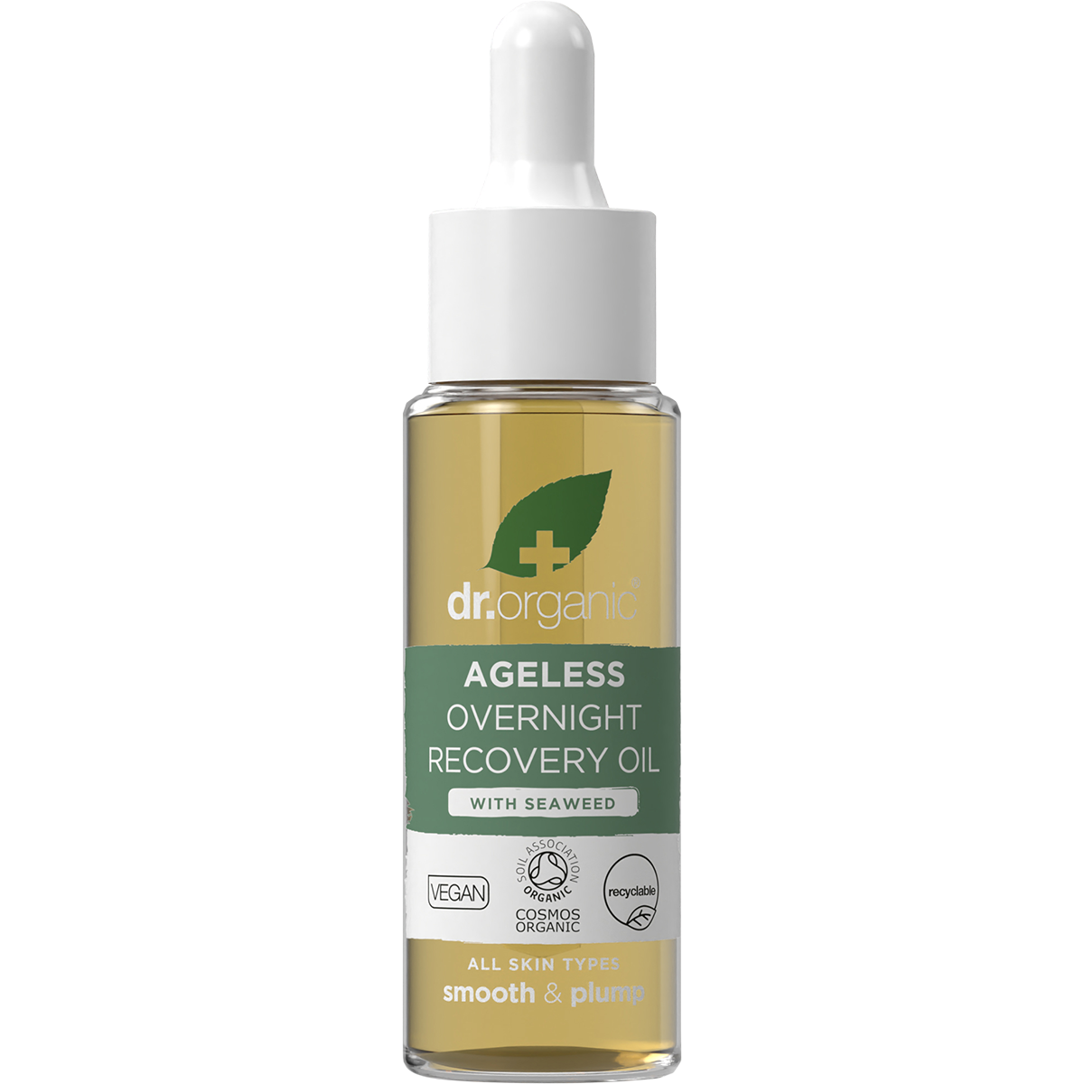 30ml glass bottle of Dr Organic Ageless Overnight Recovery Oil with Seaweed and a dropper pipette.