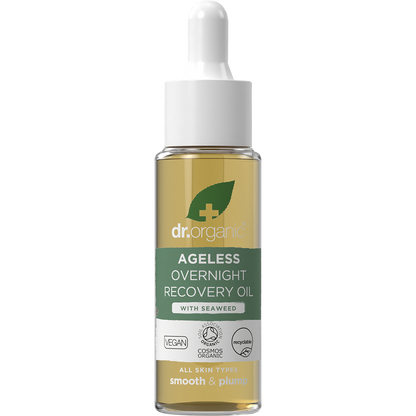 30ml glass bottle of Dr Organic Ageless Overnight Recovery Oil with Seaweed and a dropper pipette.