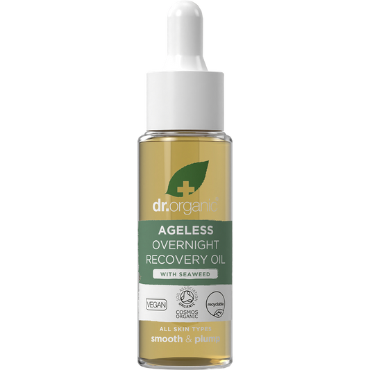 30ml glass bottle of Dr Organic Ageless Overnight Recovery Oil with Seaweed and a dropper pipette.