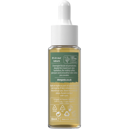 Back of a 30ml bottle of Dr Organic Ageless Overnight Recovery Oil with Seaweed, showing instructions and ingredients.