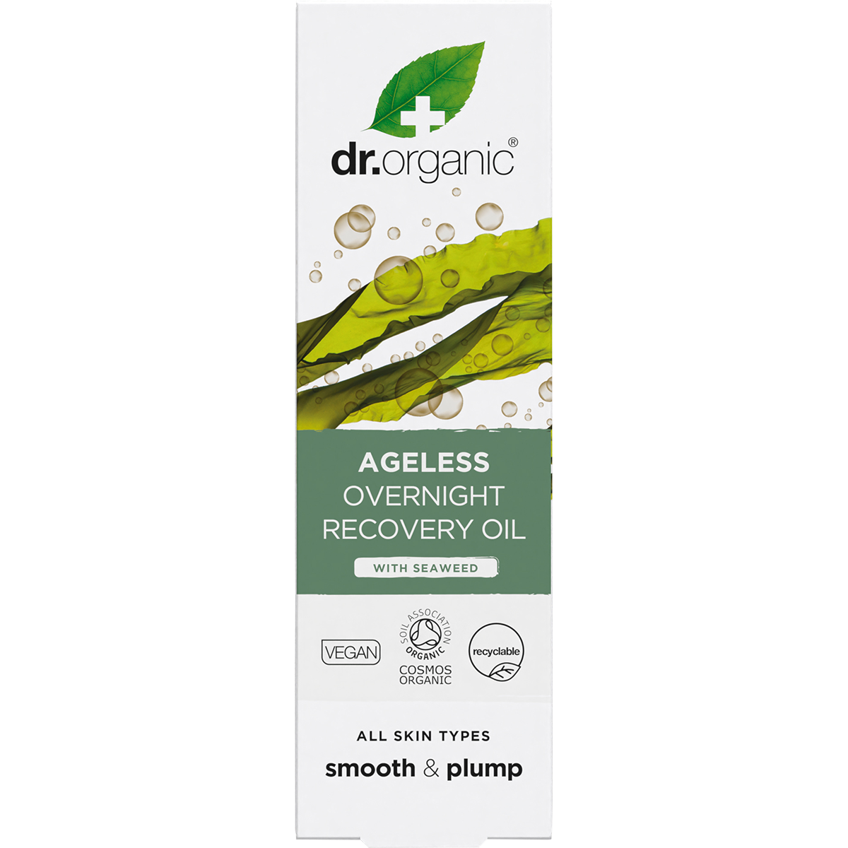 Front of Dr Organic Ageless Overnight Recovery Oil box featuring seaweed illustrations and organic certification logos.