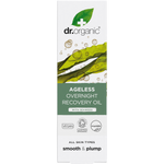 Front of Dr Organic Ageless Overnight Recovery Oil box featuring seaweed illustrations and organic certification logos.