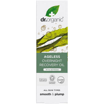 Front of Dr Organic Ageless Overnight Recovery Oil box featuring seaweed illustrations and organic certification logos.