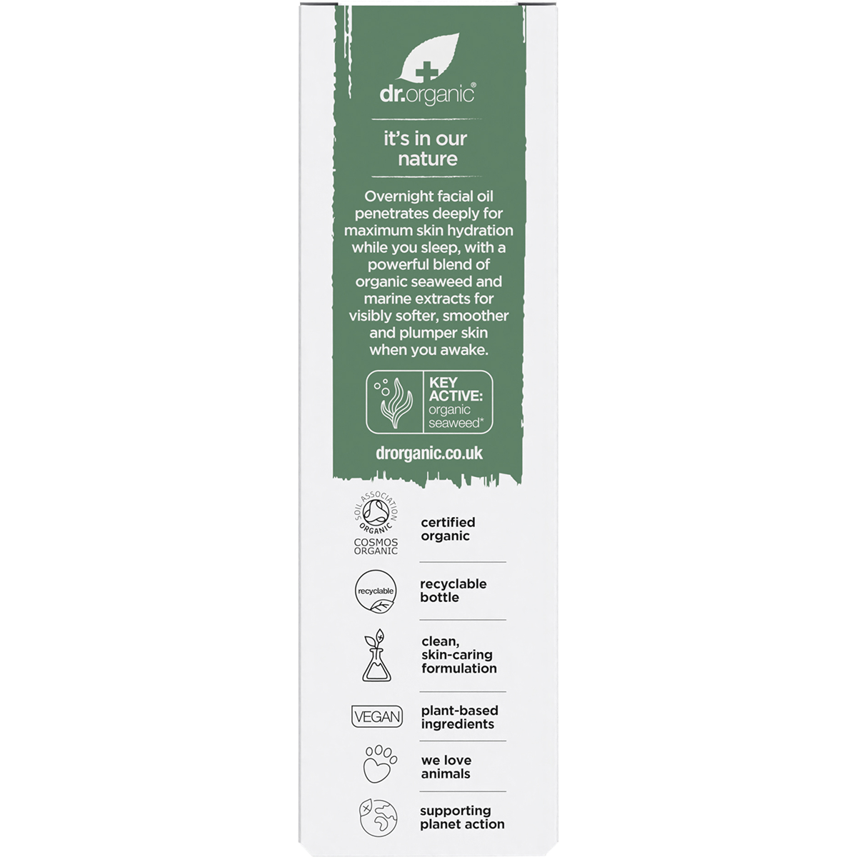 Back of a Dr Organic Ageless Overnight Recovery Oil box showing ingredients, instructions, and organic certification.