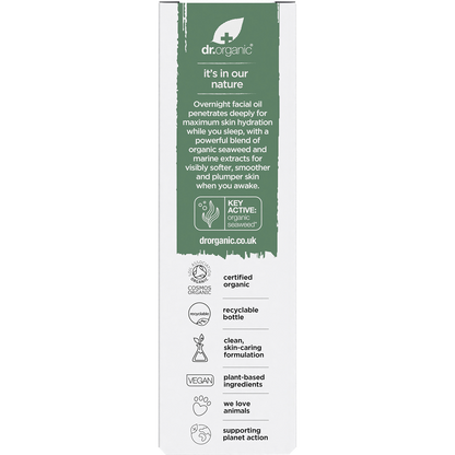 Back of a Dr Organic Ageless Overnight Recovery Oil box showing ingredients, instructions, and organic certification.
