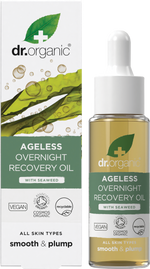 Dr Organic Ageless Overnight Recovery Oil 30ml bottle and retail box featuring seaweed illustrations.