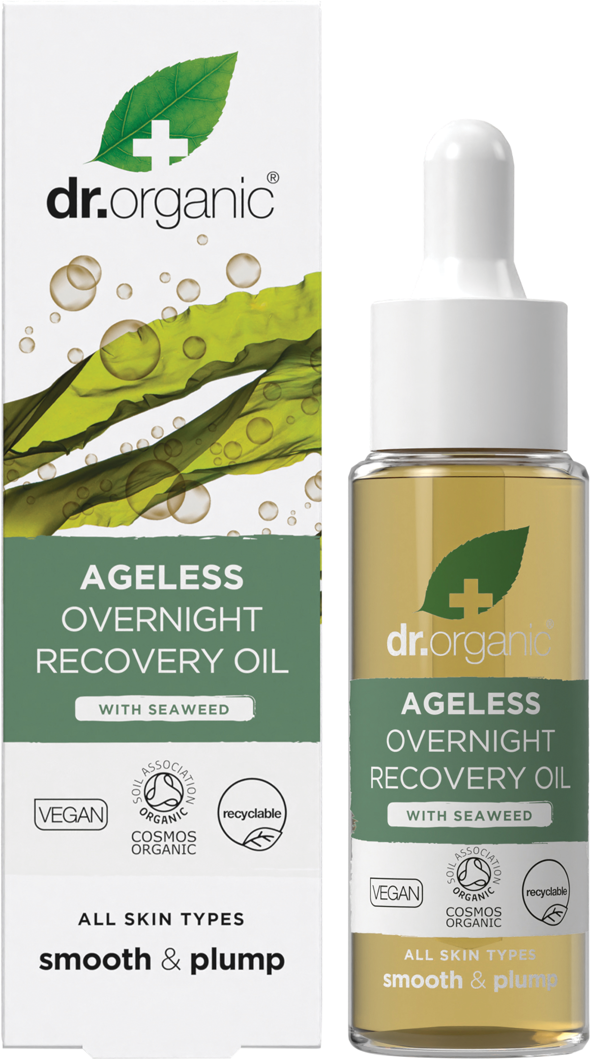 Dr Organic Ageless Overnight Recovery Oil 30ml bottle and retail box featuring seaweed illustrations.