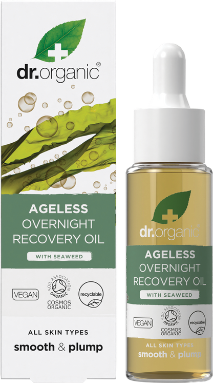 Dr Organic Ageless Overnight Recovery Oil 30ml bottle and retail box featuring seaweed illustrations.