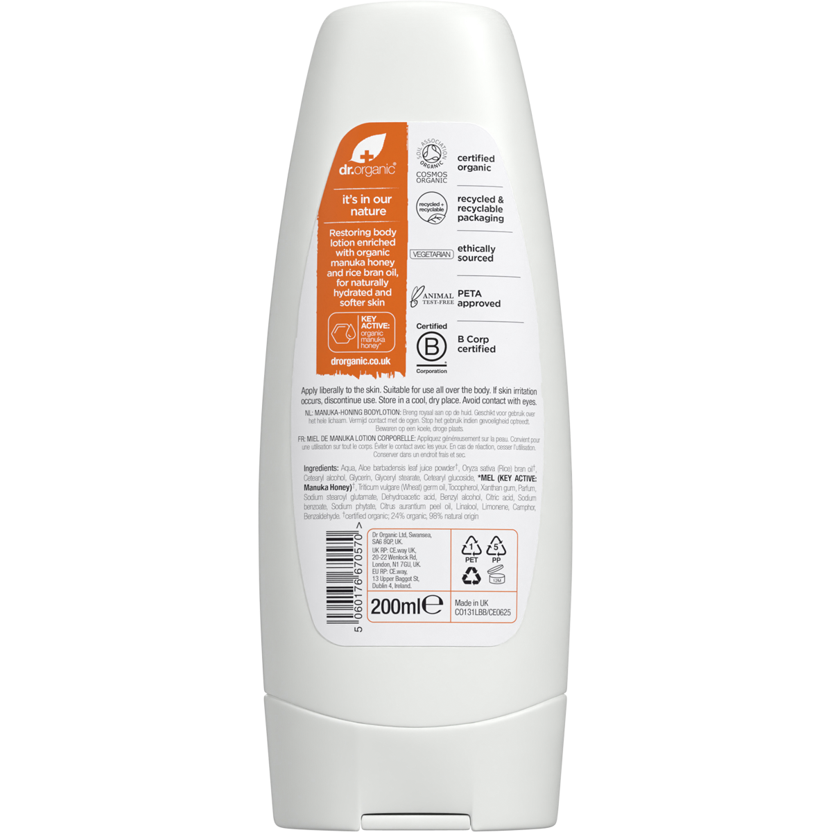 Back of Dr Organic Manuka Honey Body Lotion 200ml tube showing ingredients and directions on a white background.