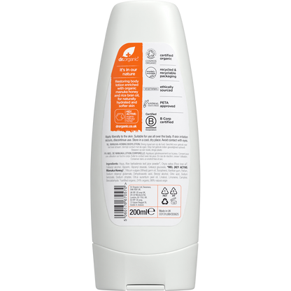Back of Dr Organic Manuka Honey Body Lotion 200ml tube showing ingredients and directions on a white background.