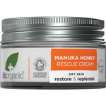 50ml glass jar of Dr Organic Manuka Honey Rescue Cream with a white lid and a yellow label showing a honeybee.