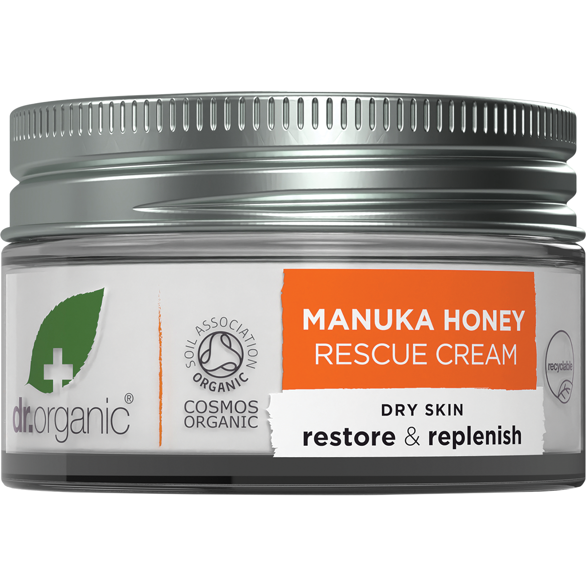 50ml glass jar of Dr Organic Manuka Honey Rescue Cream with a white lid and a yellow label showing a honeybee.