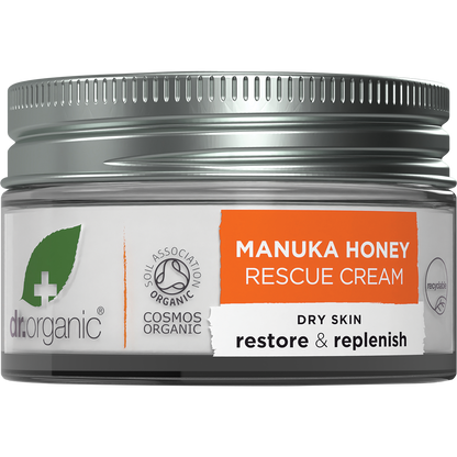 50ml glass jar of Dr Organic Manuka Honey Rescue Cream with a white lid and a yellow label showing a honeybee.