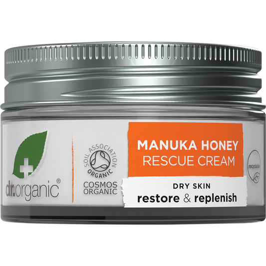 50ml glass jar of Dr Organic Manuka Honey Rescue Cream with a white lid and a yellow label showing a honeybee.