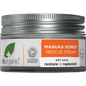 50ml glass jar of Dr Organic Manuka Honey Rescue Cream with a white lid and a yellow label showing a honeybee.