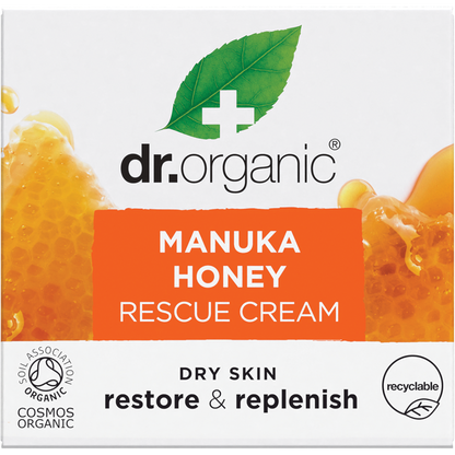 Box for Dr Organic Manuka Honey Rescue Cream, featuring yellow and white branding with a honeybee illustration.