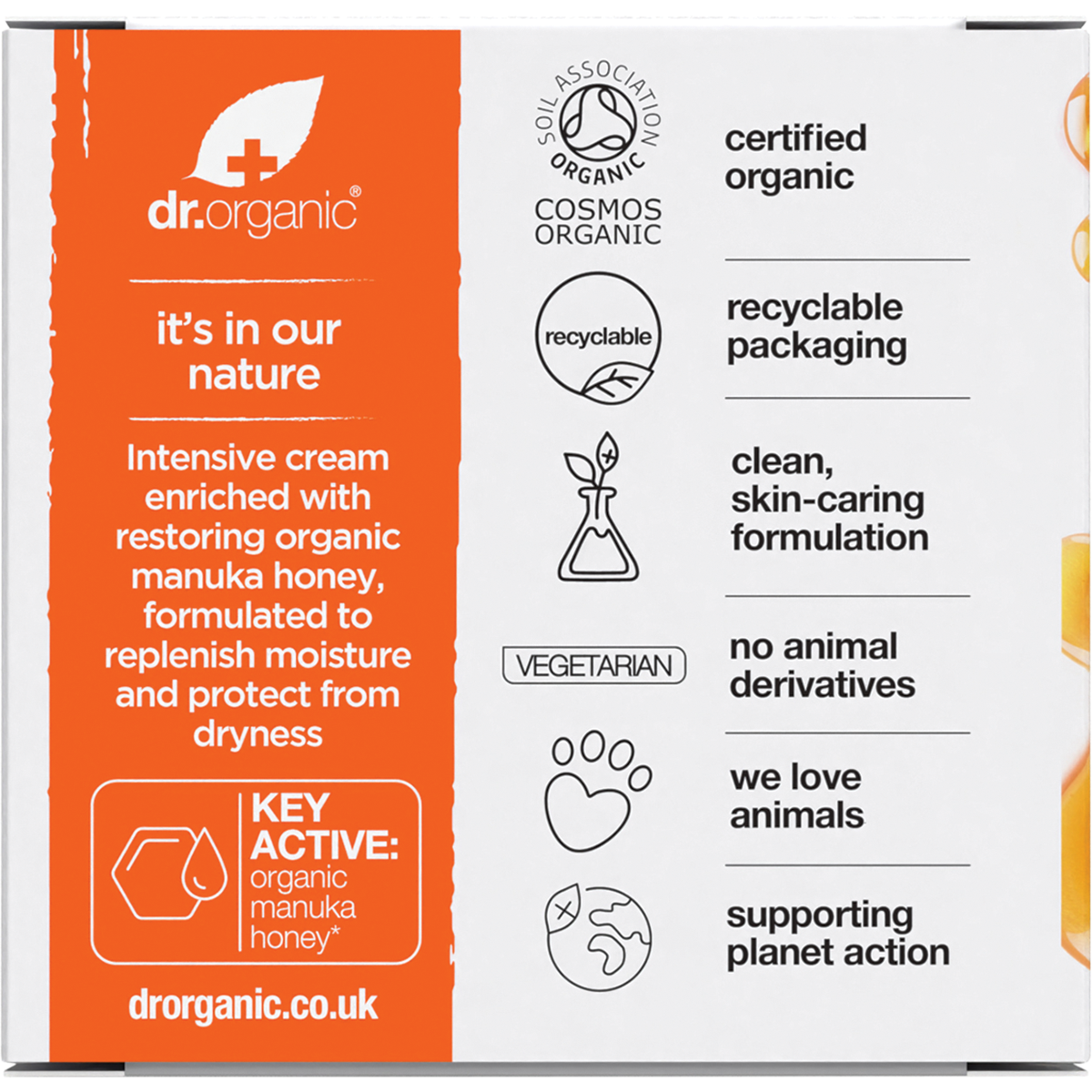 Back of Dr Organic Manuka Honey Rescue Cream box with ingredients, directions, and product benefits.