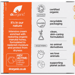 Back of Dr Organic Manuka Honey Rescue Cream box with ingredients, directions, and product benefits.