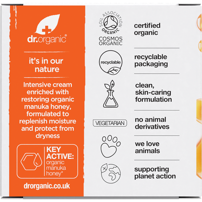 Back of Dr Organic Manuka Honey Rescue Cream box with ingredients, directions, and product benefits.