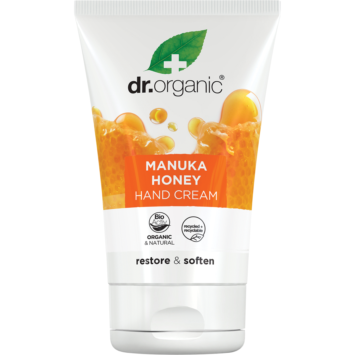 Dr Organic Manuka Honey Hand and Nail Cream 125ml tube with yellow and white branding on a white background.