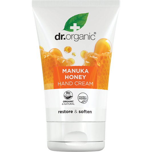 Dr Organic Manuka Honey Hand and Nail Cream 125ml tube with yellow and white branding on a white background.