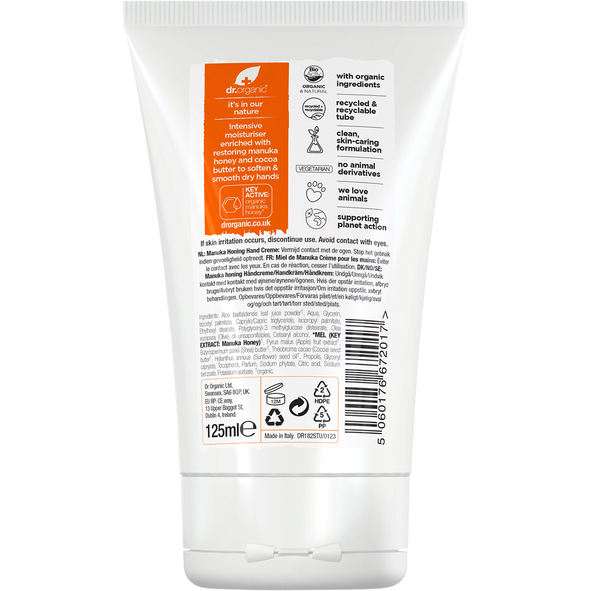 Back of a 125ml tube of Dr Organic Manuka Honey Hand and Nail Cream with ingredient list and recycling symbols.