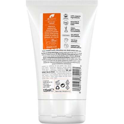 Back of a 125ml tube of Dr Organic Manuka Honey Hand and Nail Cream with ingredient list and recycling symbols.
