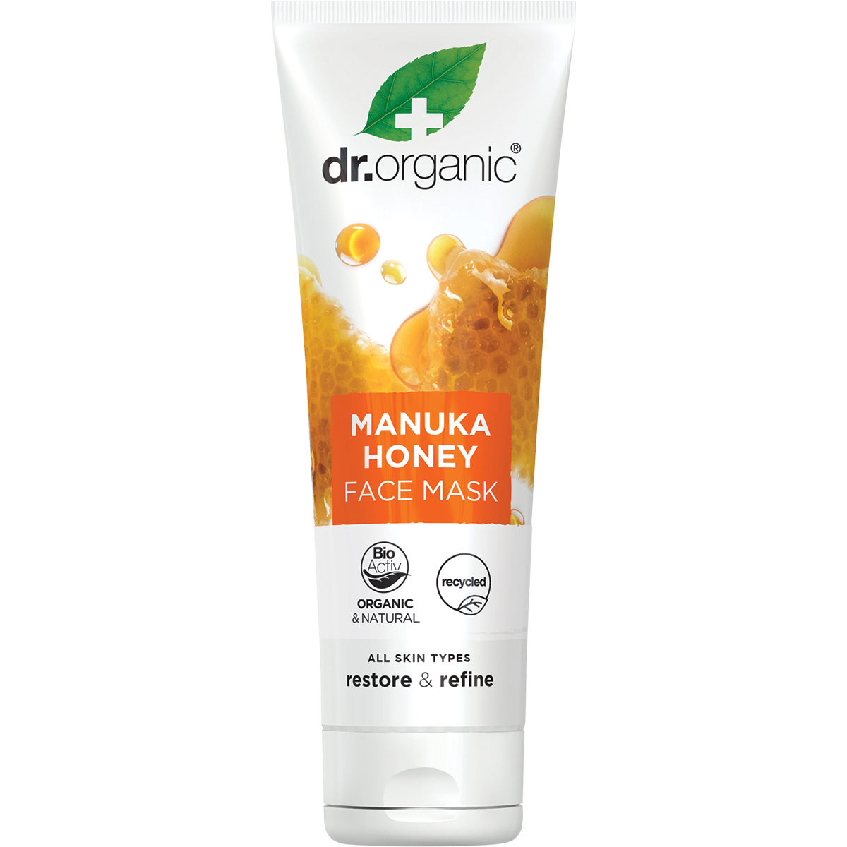 125ml tube of Dr Organic Manuka Honey Face Mask featuring a yellow label with honey and honeycomb illustrations.