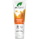 125ml tube of Dr Organic Manuka Honey Face Mask featuring a yellow label with honey and honeycomb illustrations.