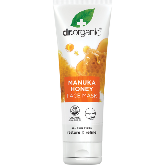 125ml tube of Dr Organic Manuka Honey Face Mask featuring a yellow label with honey and honeycomb illustrations.