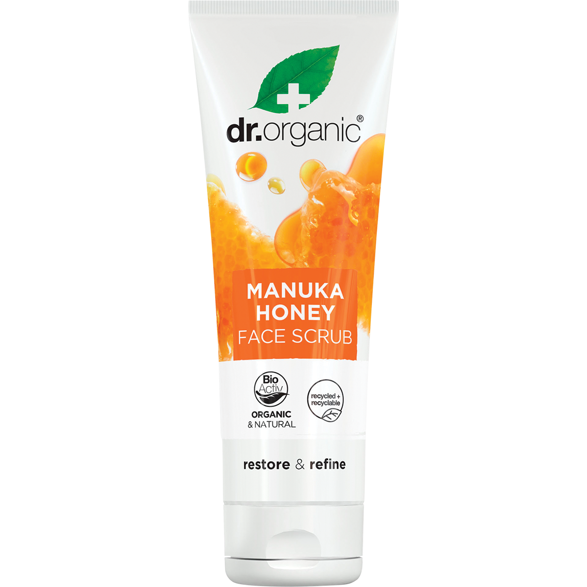 125ml tube of Dr Organic Manuka Honey Face Scrub, a deep cleansing and rejuvenating exfoliant with natural microparticles.