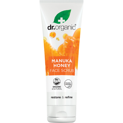 125ml tube of Dr Organic Manuka Honey Face Scrub, a deep cleansing and rejuvenating exfoliant with natural microparticles.