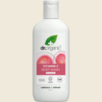 250ml bottle of Dr Organic Guava Body Wash with a pink label featuring guava fruit on a white background.