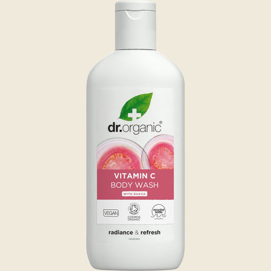 250ml bottle of Dr Organic Guava Body Wash with a pink label featuring guava fruit on a white background.