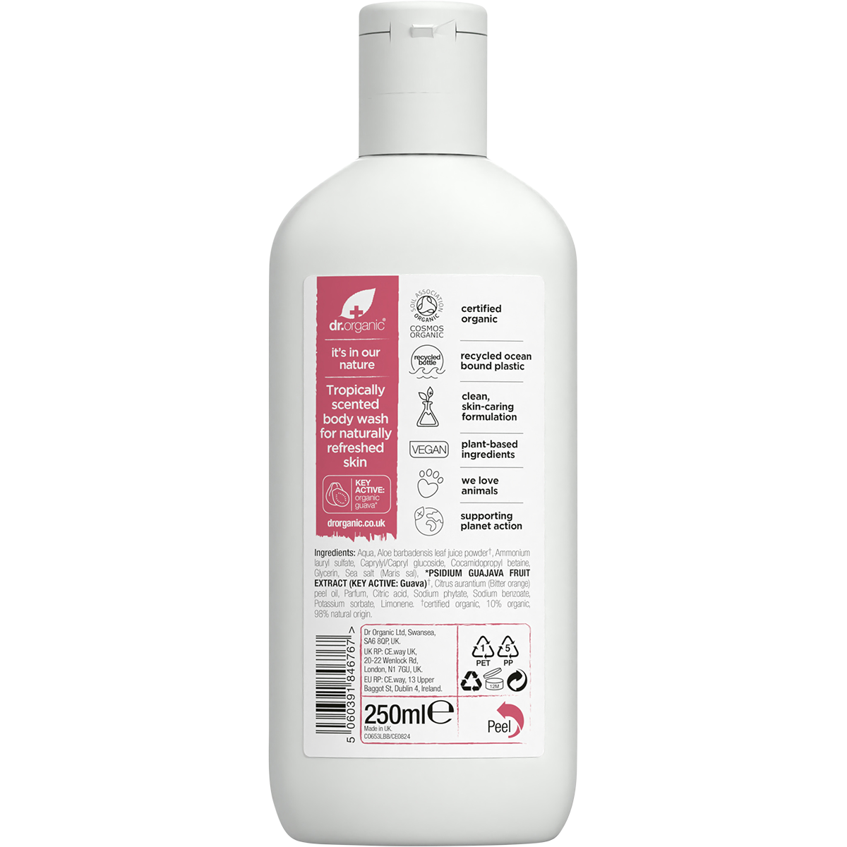 Back of 250ml Dr Organic Guava Body Wash bottle showing ingredients, directions, and product details on a white background.