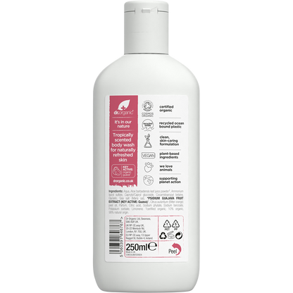 Back of 250ml Dr Organic Guava Body Wash bottle showing ingredients, directions, and product details on a white background.