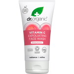 150ml tube of Dr Organic Guava Exfoliating Face Wash with pink and green tropical fruit illustrations.