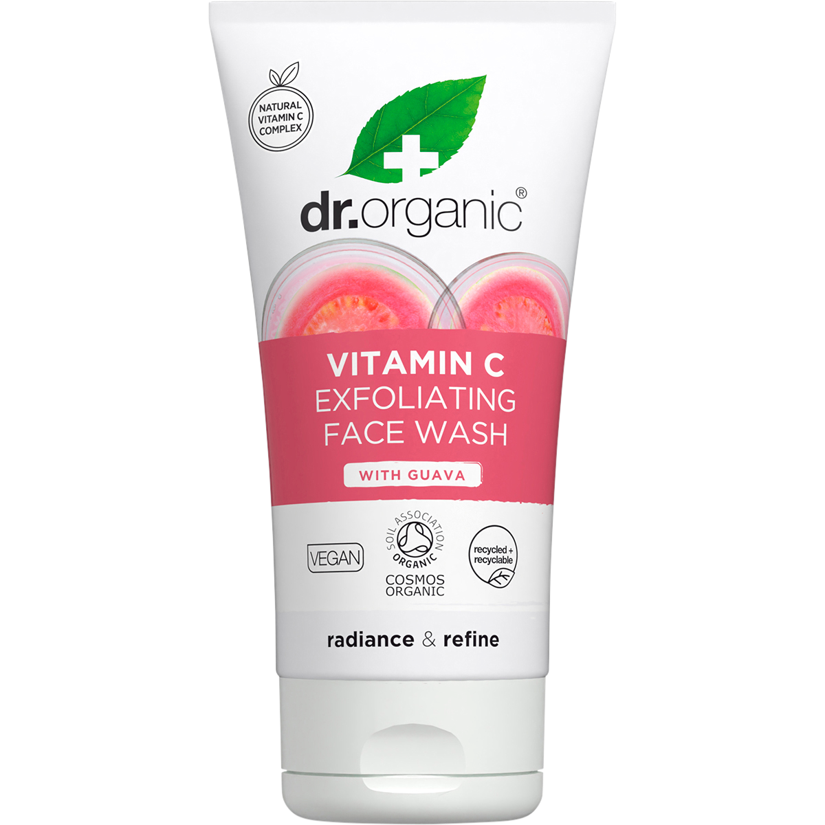 150ml tube of Dr Organic Guava Exfoliating Face Wash with pink and green tropical fruit illustrations.