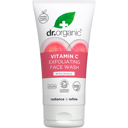 150ml tube of Dr Organic Guava Exfoliating Face Wash with pink and green tropical fruit illustrations.