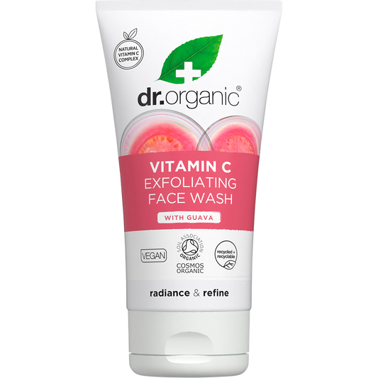 150ml tube of Dr Organic Guava Exfoliating Face Wash with pink and green tropical fruit illustrations.