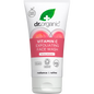 150ml tube of Dr Organic Guava Exfoliating Face Wash with pink and green tropical fruit illustrations.