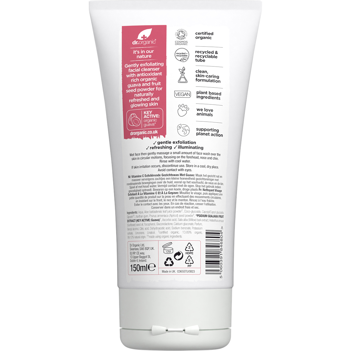 Back of Dr Organic Guava Exfoliating Face Wash tube showing directions, ingredients, and recycling information.