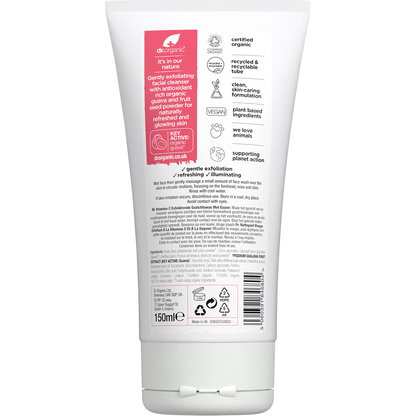 Back of Dr Organic Guava Exfoliating Face Wash tube showing directions, ingredients, and recycling information.