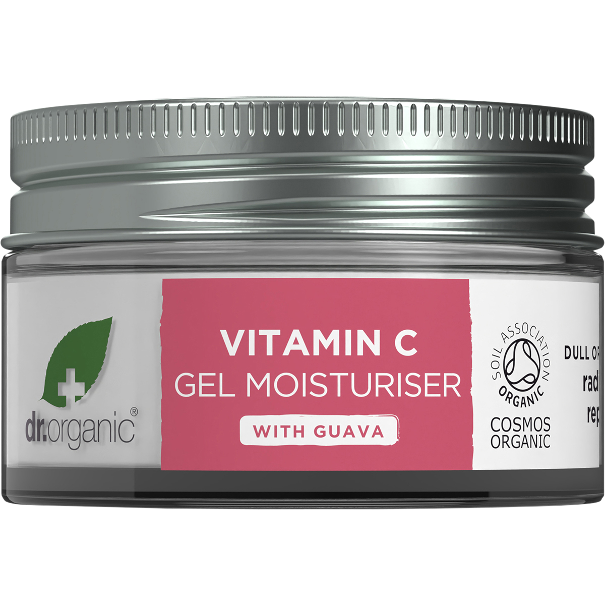 50ml tub of Dr Organic Guava Gel Moisturiser featuring a bright pink label with guava illustrations.