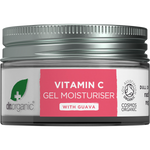 50ml tub of Dr Organic Guava Gel Moisturiser featuring a bright pink label with guava illustrations.