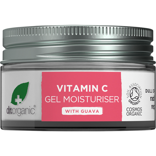 50ml tub of Dr Organic Guava Gel Moisturiser featuring a bright pink label with guava illustrations.