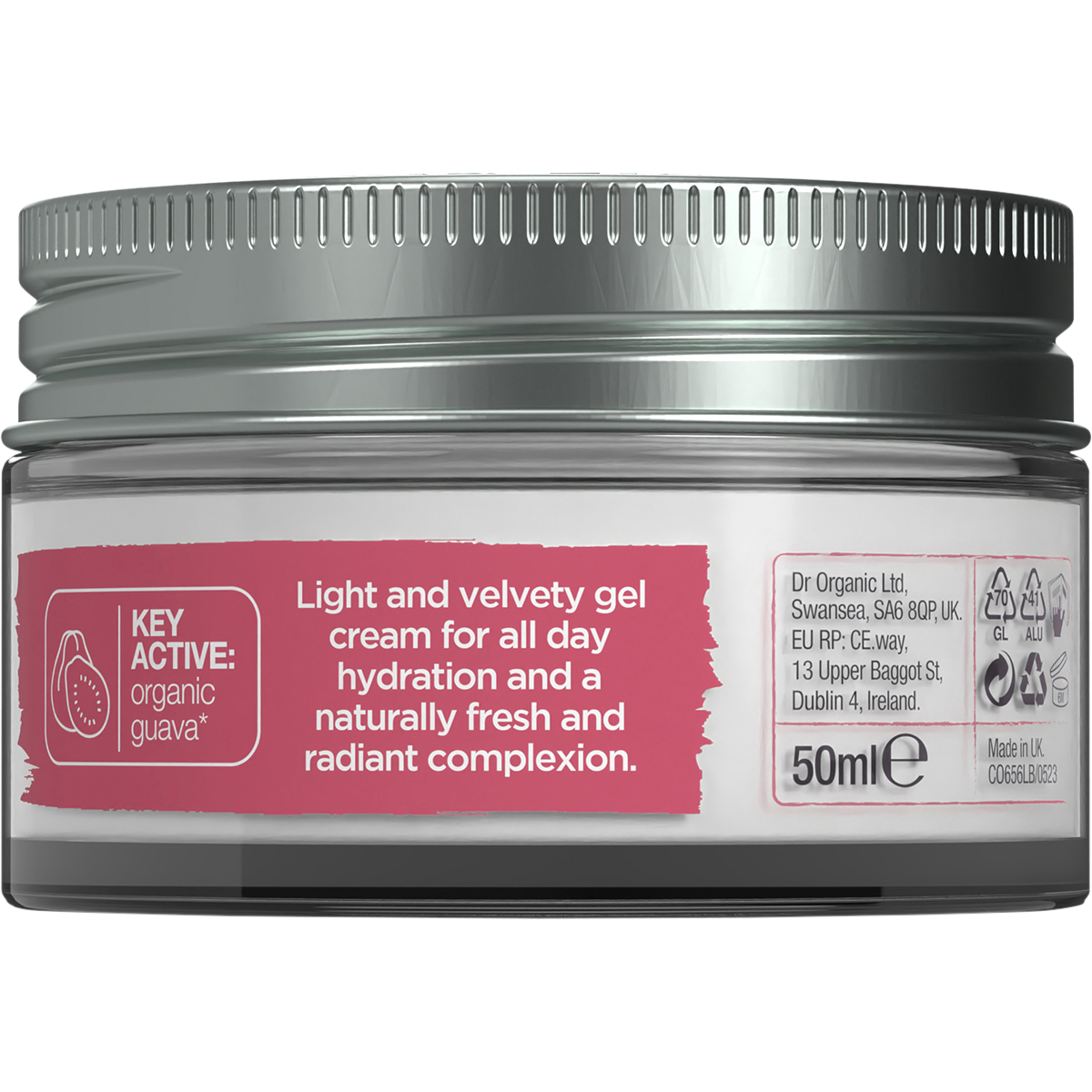 Back of a Dr Organic Guava Gel Moisturiser 50ml tub showing directions, ingredients, and storage information.